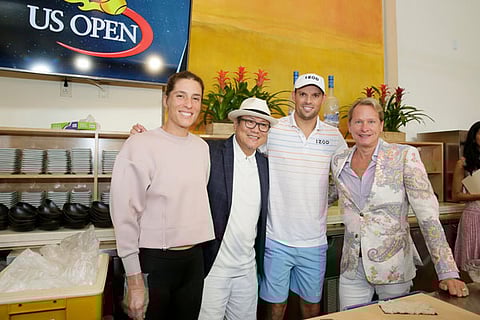 August 23, 2017 - Chef Masaharu Morimoto with tennis players Andrea Petkovic, Bob Bryan and Carson Kressley on the fan dining experience panel during the 2017 US Open. (USTA/Steve Freeman)