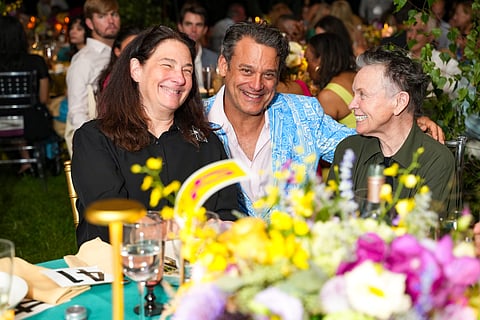 EAST HAMPTON, NY - JULY 22: A. M. Homes, Randy Polumbo and Laurie Anderson attend LongHouse Reserve MIDSUMMER DREAM 2023 Benefit at LongHouse Reserve on July 22, 2023 in East Hampton, NY. (Photo by Sean Zanni/PMC) *** Local Caption *** A. M. Homes;Randy Polumbo;Laurie Anderson