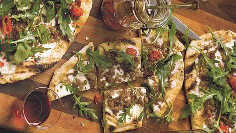 Grilled Pizzetta with Stracchino, Sausage, Arugula & Chili Oil