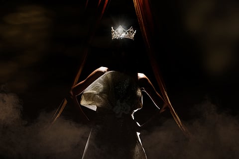 Silhouette of Miss Beauty Pageant Contest Woman with sparkle Diamond Crown with tanned skin beautiful makeup evening