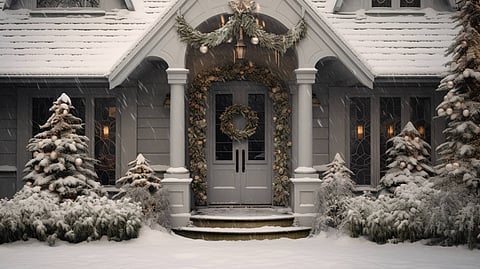 Generative AI, House front in the winter with Christmas decoration, wreath and garland. Snow cosy season