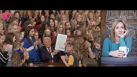Donald Trump visar upp det verkställande beslutet om att försvara kvinnor från "könsideologisk extremism". J.K. Rowling till höger.