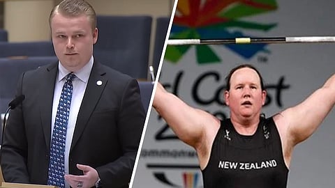 Daniel Lönn (SD) t.v. Laurel Hubbard, den första biologiska mannen att tävla i damernas klass vid olympiska spelen i Tokyo 2020.