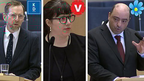 Socialminister Jakob Forssmed (KD), Vasiliki Tsouplaki (V) och Nima Gholam Ali Pour (SD).