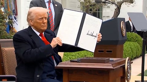 President Trump när han gick ut med tullbeskedet förra onsdagen.