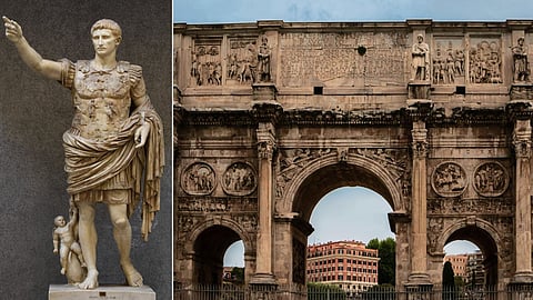 Romerska kejsardömets förste kejsare, Gaius Octavius Caesar Augustus, regerade i 41 år – från 27 f.Kr. till sin död år 14 e.Kr. Till höger: Konstantins triumfbåge i Rom, uppförd år 315.