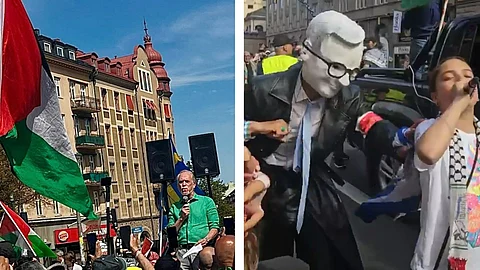 Daniel Helldén (MP) höll tal på Palestinademonstration – statsministern hånades med grotesk docka