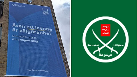 Affischen (t.v.), Muslimska brödraskapets logga (t.h.)
