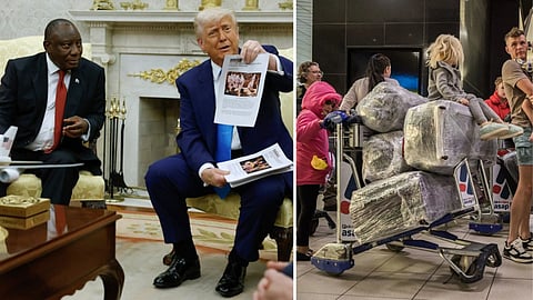 Sydafrikas president Cyril Ramaphosa och USA:s president Donald Trump (t.v.). Sydafrikanska flyktingar (t.h.)