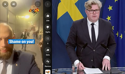 Till vänster - filmklippet där civilförsvarsminister Carl-Okar Bohlin dokumenterade hur han själv blev förföljd av hotfulla demonstranter på väg ut ur riksdagshuset. Till höger justitieminister Gunnar Strömmer på en pressträff om förändringar för att skydda samhället mot hotfulla demonstranter.