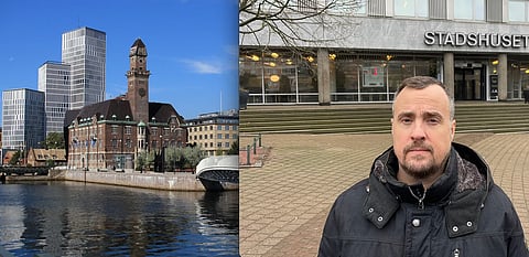 Till vänster – Malmö hamn vid centralstationen, sett från öster. Till höger oppositionsrådet Magnus Olsson (SD) i Malmö kommun.