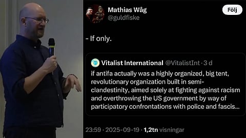 Mathias Wåg delade ett inlägg om att det vore "fantastiskt" om Antifa skulle störta USA:s regering och skrev "- If only".