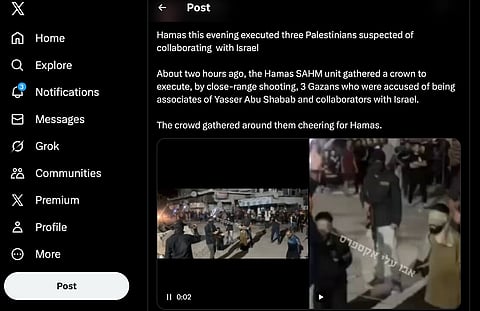 Skärmdump från X och etyt inlägg som delat videoklipp från ett tillfälle i Gaza strax före att flera palestinier skjuts ihjäl på öppen gata som straff för påstått samröre med Israel.
