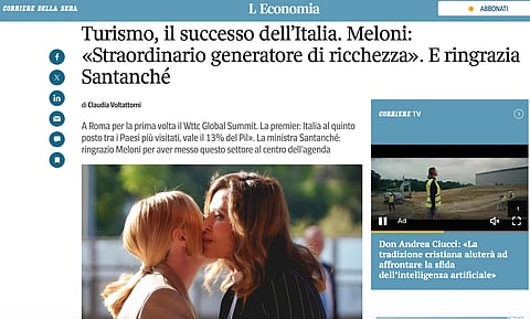 Tidningen Corriere della Sera som uppmärksammar att även Italiens turistsektor går som tåget nu. Bilden - t.v italiens premiärminister Giorgia Meloni och turistminister Daniela Santanché (t.h).