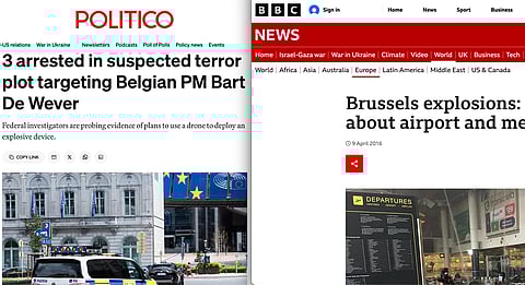 Till vänster – tidningen Politicos artikel om de upptäckta mordplanerna mot ledande politiker i Belgien nyligen. Till höger – en artikel i BBC om det blodiga terrordådet i Belgiens huvudstad Bryssel 2016 då många omkom i sprängningar och skjutningar både på flygplatsen och i tunnelbanan.