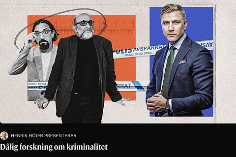 Fredrik Kärrholm, kriminolog, före detta polis och riksdagsledamot (m) gav i en debattartikel i tidningen Kvartal hård kritik av en studie av bland annat kriminologen Jerzy Sarnecki som hävdade att det inte finns ett samband mellan invandring och höga antal rapporterade våldsbrott. Från vänster Amir Rostami, Jerzy Sarnecki och Fredrik Kärrholm.