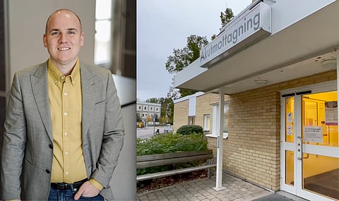 Till vänster Anton Sejnehed (S), ordförande i Oskarshamns kommuns bildningsnämnd. Till höger akutmottagningen på Oskarshamns sjukhus.