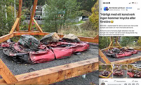 Inlägg på Facebookgruppen Det händer på Orust om konstverket "Semaforen i Henån".