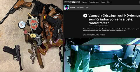 Bilden till vänster är från ett polisbeslag med vapenatrapper, i det fallet icke tillståndspliktiga. Till höger - ett inslag i Sveriges Radio om HD-domen där polisens användande av vapenatrapper gjorde att två kriminella friades helt.