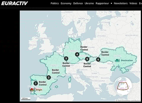 En transport av militärmateriel från Portugal till Ukraina behöver idag passera totalt sex gränsövergångar innan den är framme i Ukraina.