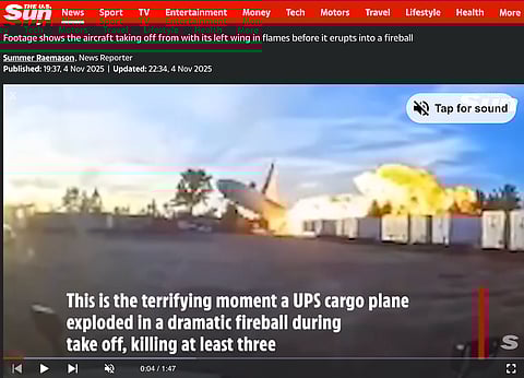 På filmsekvensen syns hur fraktflygplanes vänstra jetmotor fattat eld omedelbart efter starten och dess vänstra vinge slår i marken.