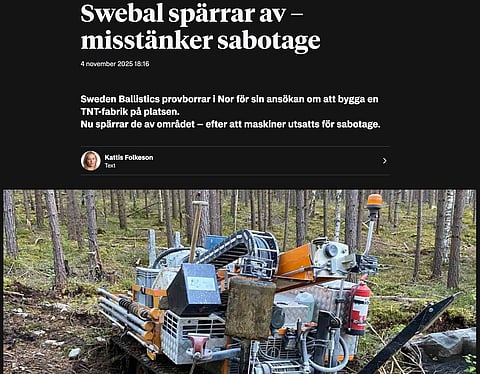 Artikel i Nerikes Allehanda om sabotaget mot företaget Swebals planerade TNT-fabri utanför Nora. På bilden syns en borrigg som används för att göra provborrningar i marken där Swebal ansökt om att få bygga fabriken.