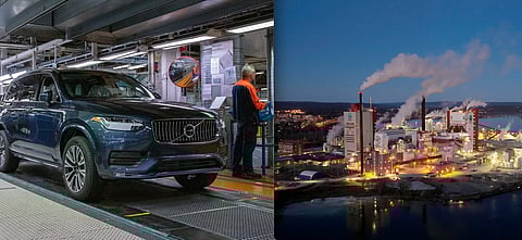 Till vänster tillverkning av sista generationen Volvo XC90 i Volvo Cars produktionsanläggning i Torslanda, Göteborg. Till höger skogskoncernen SCA:s massafabrik i Östrand, Sundsvall.