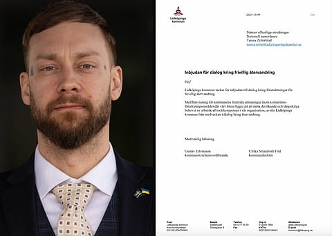 Till vänster – regionpolitikern Fredrik Thomasson (SD) i region Blekinge. Till höger det svar som Lidköpings kommun skickade officiellt till regeringens nationella samordnare för arbetet med frivillig återvandring.