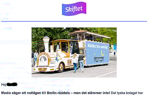 Massmejlet från Skiftet som skickats ut till alla som tidigare deltagit i en av Skiftets kampanjer. På bilden syns hur det tufftuff-tåg man planerar hyra ska se ut, komplett med banderoller.