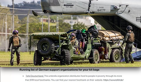 Överst marinsoldater i färd med att lasta av ett militärfordon på Camp Foster i Japan. Nederst syns listan över matbiståndsaktörer i Tyskland som tidningen Stars and Stripes var först med att publicera.