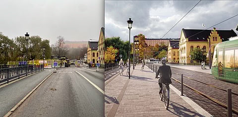 Bilde. till vänster visar Islandsbron i centrala Uppsala som idag är avstängd för trafik på grund av förberedande arbeten för spårvägsbygget. Skissen till höger visar samma bro där det i framtiden är tänkt att spårvägen ska gå.