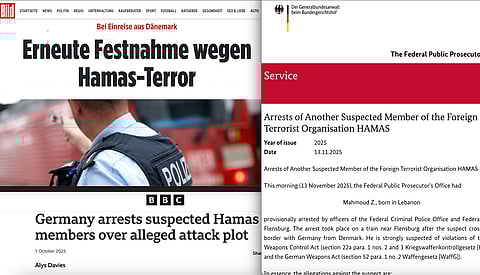 Artiklar från den senaste tidens gripanden av personer som tros ha förberett för framtida våldsattacker mot judiska mål. Längst t. h - ett pressmeddelande från tyska federalaåklagare om gripandet av en misstänkt Hamas-medarbetare.