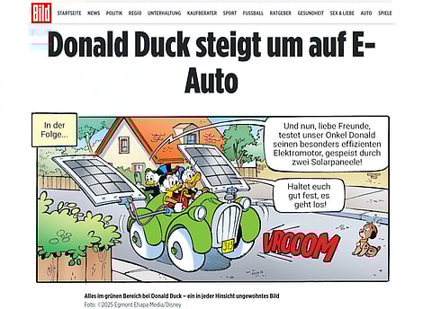 Kalle Ankas första elbil som visas upp i Kalle Ankas album nr 604 i den tyska upplagan. Ur artikel i tidningen Bild.de.
