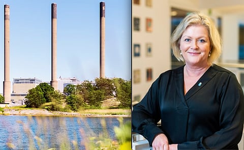 Till vänster Karlshamnsverket i Karlshamn som ägs av energiföretaget Uniper. Till höger Ulrica Messing, landshövding i region Blekinge.