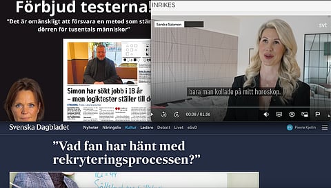 Några av alla debattinlägg och nyheter den senaste tiden om användandet av olika typer av tester i rekryteringsprocesser. Överst t.v - HR-konsulten Lotta Vikström som i ett Linkedin-inlägg föreslår ett förbud mot kognitiva tester i rekryteringar. Överst t.h - HR-chefen Sandra Salomon kommenterar användandet av tester i rekryteringar i en intervju i SVT Nyheter. Underst en artikel i ämnet från i år på Svenska Dagbladet.