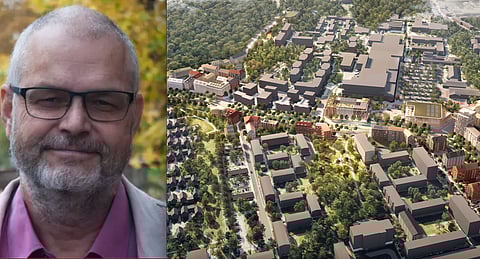 Till vänster Mats Wilhelmsson, professor vid Kungliga Tekniska Högskolan. Till höger principskiss över bostadsområdet Gottsunda i södra Uppsala där kommunen genom byggande av nya bostäder i blandade upplåtelseformer hoppas minska segregationen. De gråtonade husen i skissen är befintlig bebyggelse medan de färglagda husen är nya eller nybyggda.