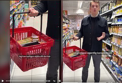 Marcus Larsson på branschorganisationen Företagarna visar i ett filmklipp som delats på sociala medier hur mycket matvaor man kan få med sig utan att kunna dömas för ringa stöld.