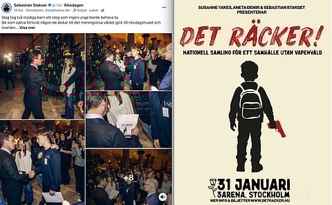 Sebastian Staksets Facebooksida där han delat bilder från överlämningen av inbjudan till eventet till statsminister Ulf Kristersson. "Det var väldigt fint gjort av han", skriver Stakset om att Kristersson var på plats för att personligen ta emot inbjudan.