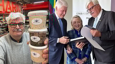 Till vänster - Håkan Juholt med sillprodukterna han precis lanserat. Till höger en bild tagen då USA:s tidigare president Bill Clinton och hans hustru Hillary besökte Sveriges ambassad i Sydafrika då Håkan Juholt var ambassadör. Clinton åt entusiastiskt av Juholts egengjorda sillinläggning skärgårdssill, enligt Juholt.