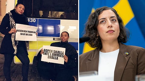 Foto från poddarnas medverkan på BLM-demonstrationerna till vänster. Simona Mohamsson (L) till höger.