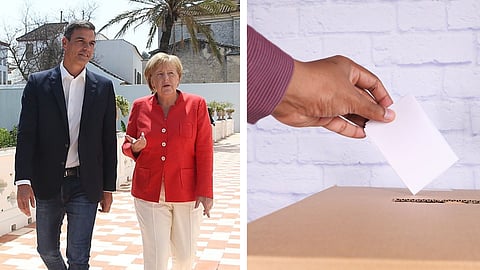 Spaniens premiärminister Pedro Sanchez och Tysklands före detta förbundskansler Angela Merkel. Båda politikerna är kända för sina bidrag till massinvandringen till sina länder.