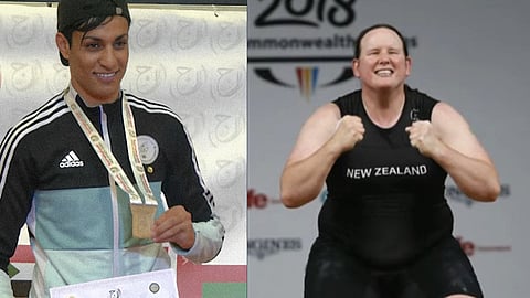 Imane Khelif, t v, boxades i damklassen i OS trots att tester visat manliga kromosomer. Tyngdlyftaren Lauren Hubbard hette tidigare Gavin Hubbard och gjorde först idrottskarriär i herrklassen.