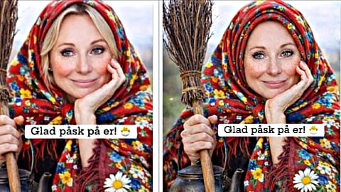 Jessica Stegrud önskade glad påsk som traditionell svensk påskkärring - Visionspartiet manipulerade hennes bild i ett religiöst utspel.