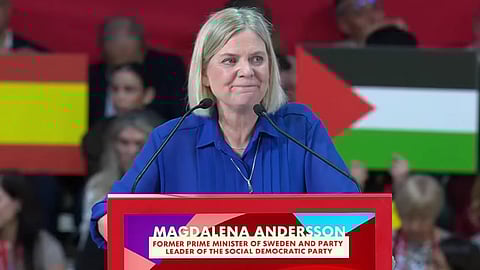 Magdalena Andersson (S) talar på Global Progressive Mobilisation.