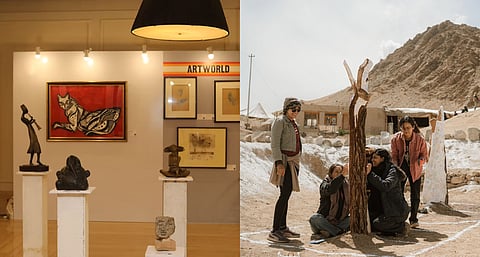 Art works and sculptures at Madras Art Weekend and an installation being set up at sā Ladakh Biennale