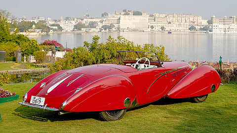 1935 Delahaye 135 owned by MS Maharaj Duleep Singhji of Jodhpur displayed against the romantic backdrop of Udaipur’s lakeside palace hotel, The Oberoi Udaivilas, Udaipur in 2024.