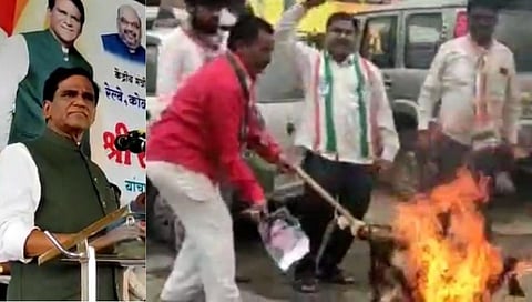 जालन्यात रावसाहेब दानवेंचा प्रतिकात्मक पुतळा जाळून कॉंग्रेसचे आंदोलन
