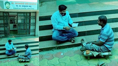 बच्चू कडू यांच्या स्वीय सहायकाची माणुसकी; पायरीवर बसून दिव्यांगाची केली मदत...