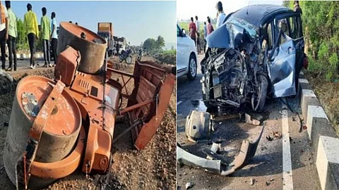 pune bangalore national highway accident news, gunkhi, road roller, car