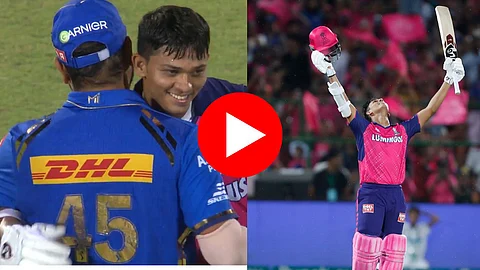 rohit sharma hugging yashasvi jaiswal after scoring century in rr vs mi match video viral amd2000